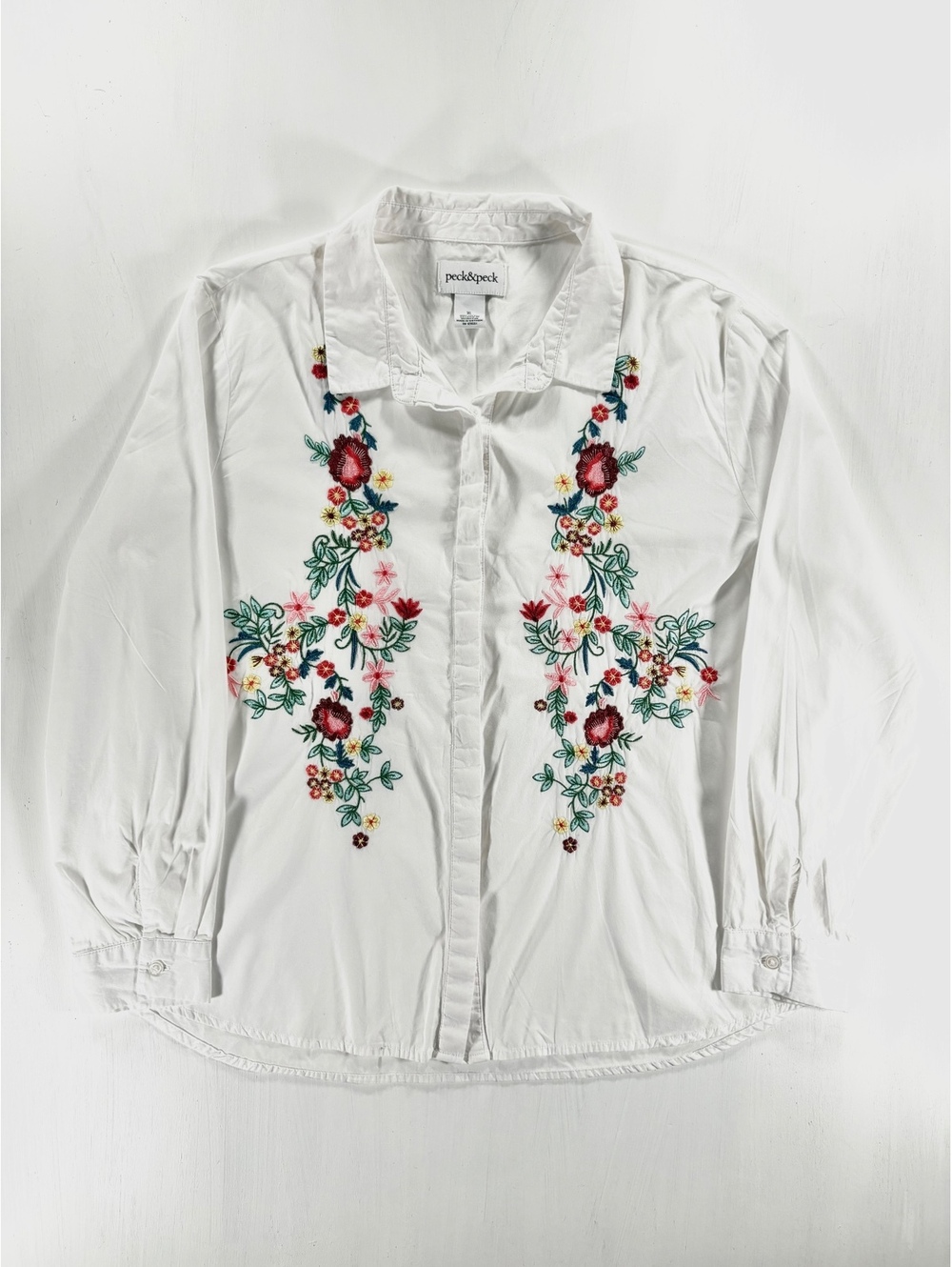 Peck & Peck White Cotton Floral Embroidered Button Down Shirt XL